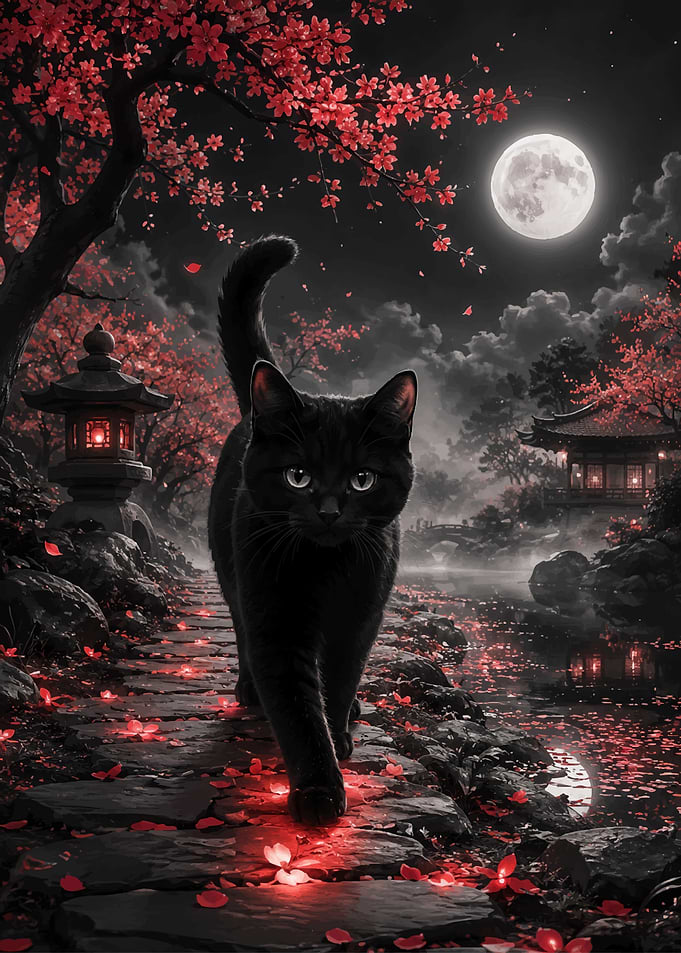 Black Cat in Japanese Garden at Night