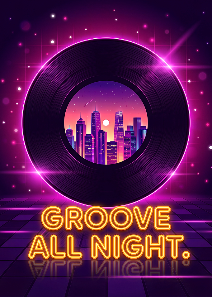 Retro Vinyl Record Cityscape Neon Lights