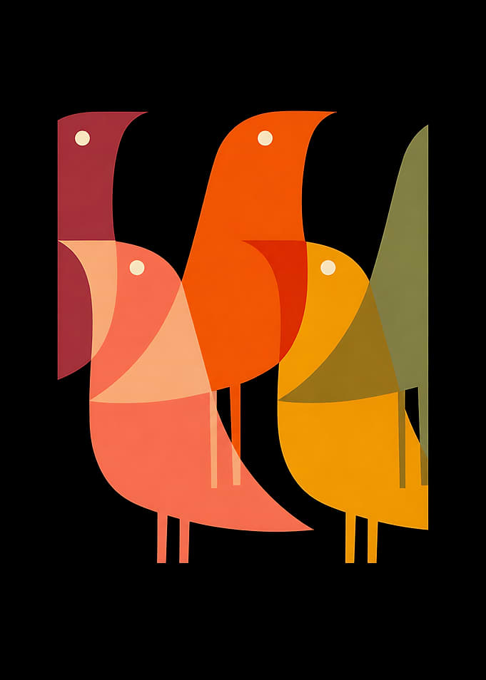 Bird Print — Geometric Birds Mid Century Retro Bird Decor Poster , Nature Art