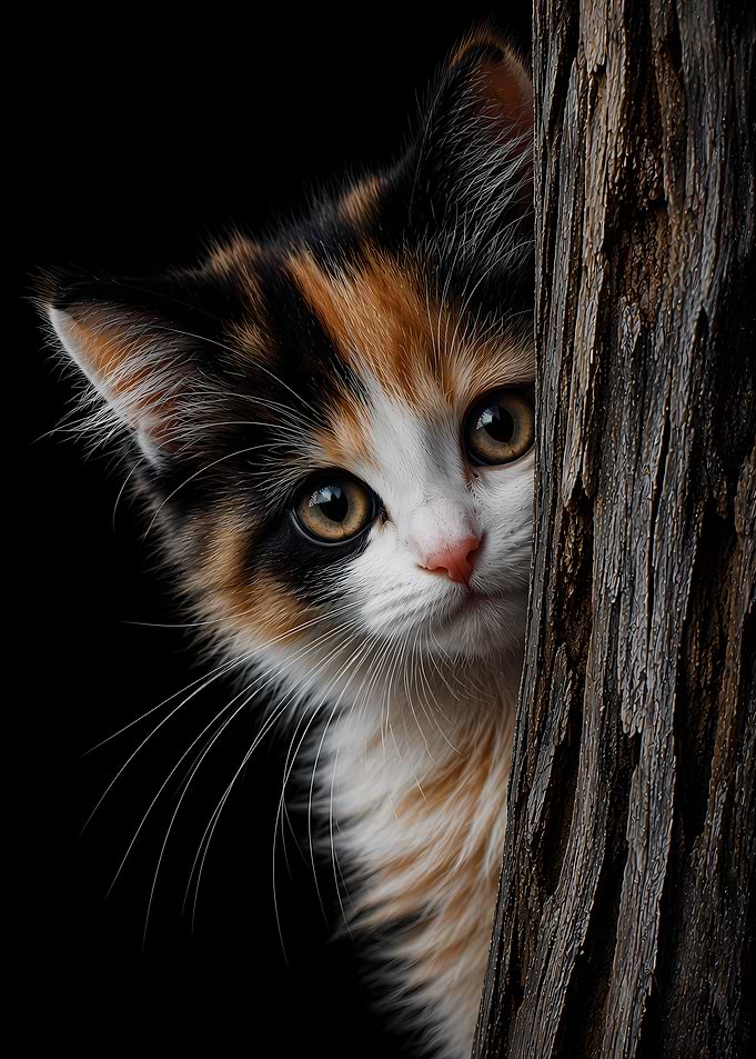Calico Kitten Peeking from Behind Tree