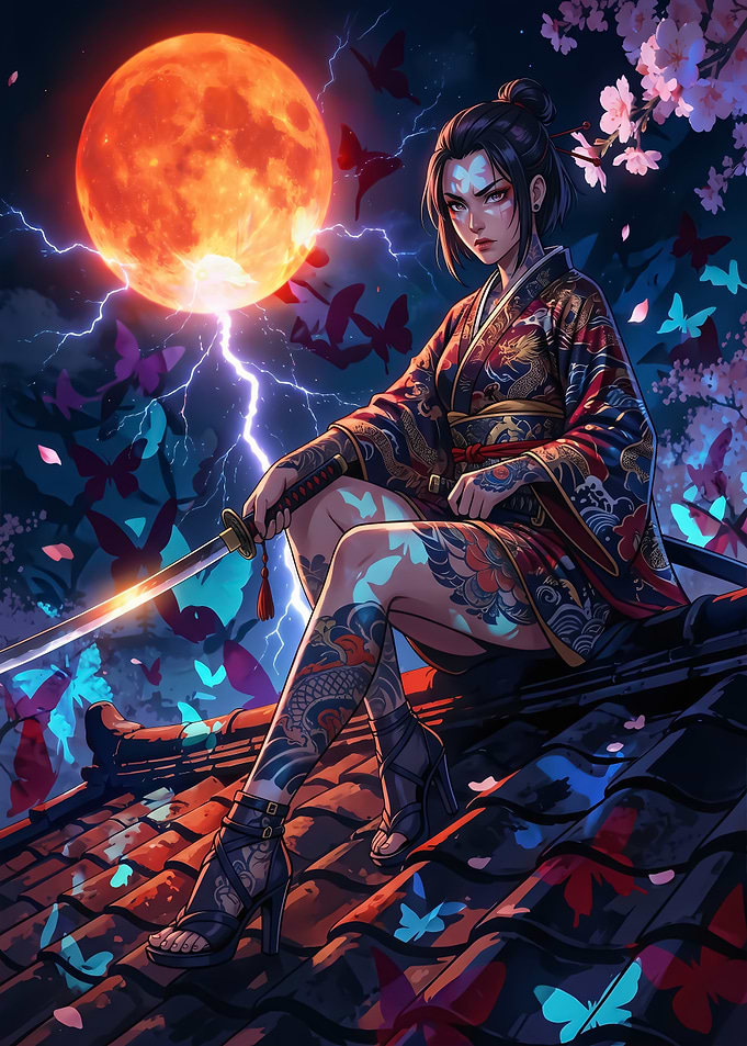 Samurai Woman Under a Blood Moon