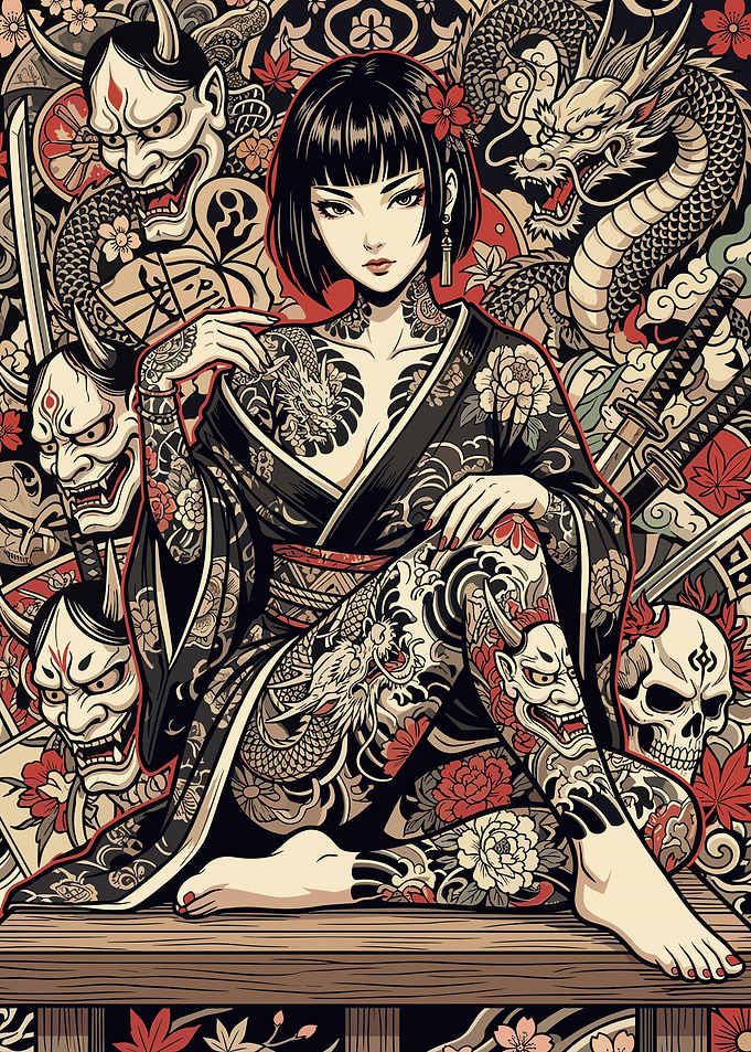Tattooed Woman in Kimono with Japanese Motifs