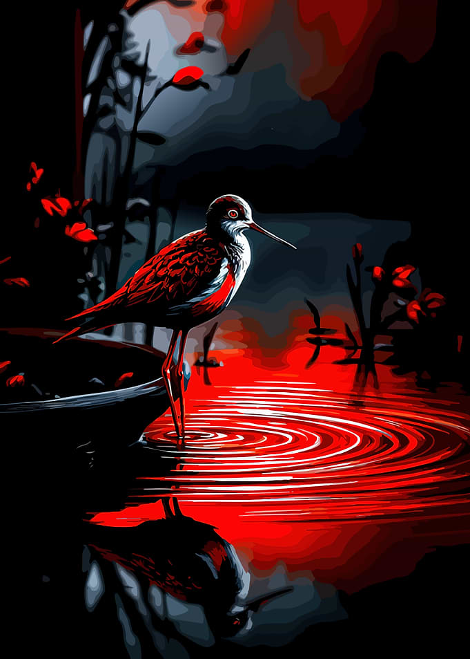 Red Bird in Dark Water