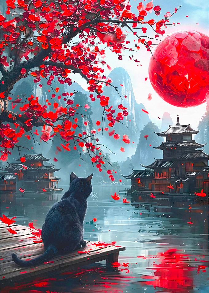 Black Cat Gazing at Red Moon