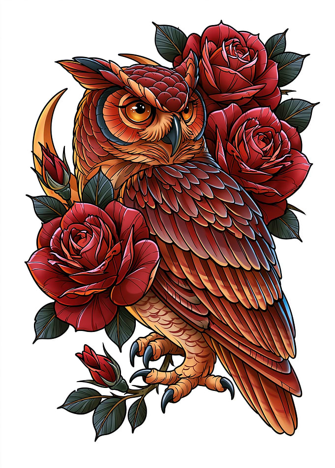 Tattoo Style Owl and Roses