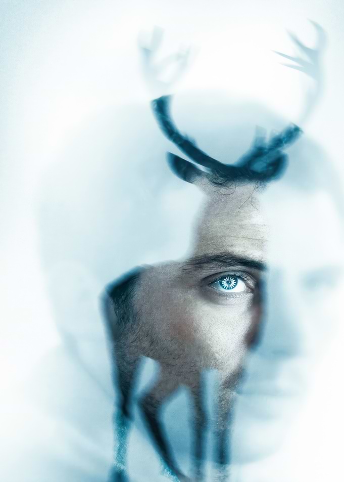 Double Exposure of Man and Deer