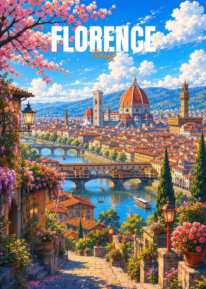 Florence Italy Cityscape with Flowers