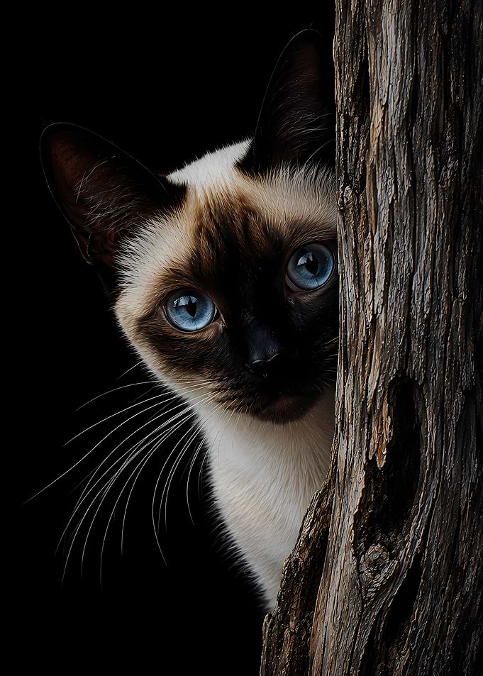 Siamese Cat Peeking from Behind Tree