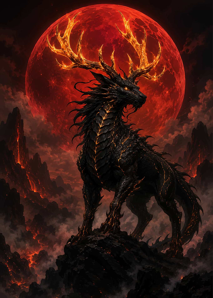 Fiery Dragon-like Creature Under Red Moon