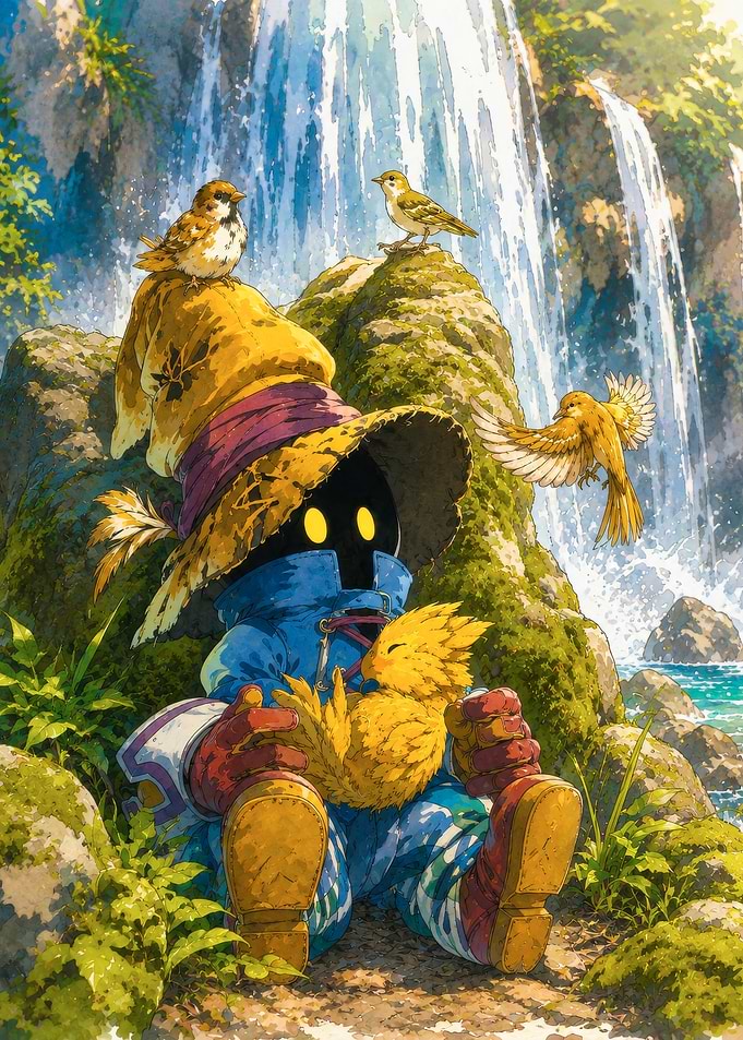 Vivi Vivi and Chocobo by Waterfall