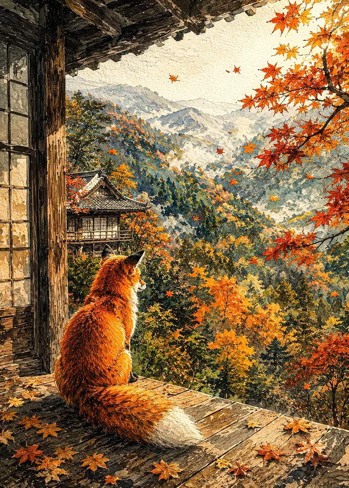 Fox Gazing at Autumn Mountains