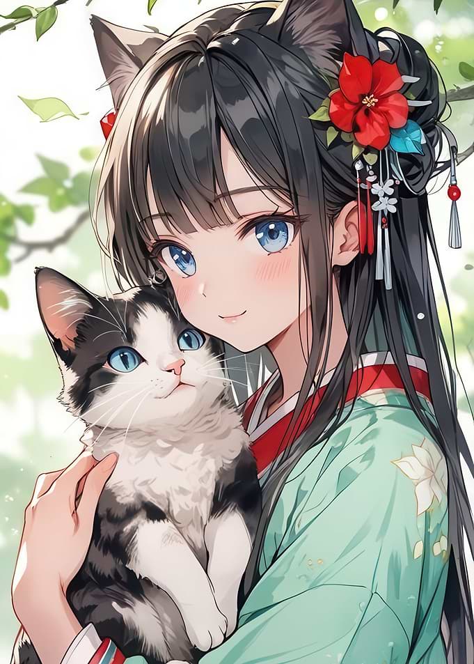 Anime Girl Holding a Cat
