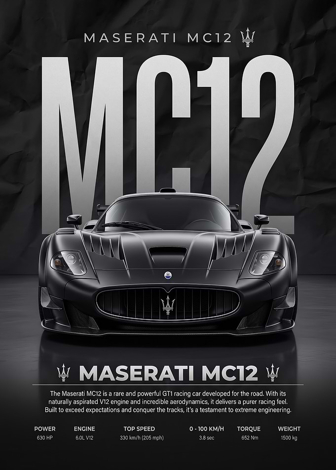 sleek black Maserati MC12 front view car Poster