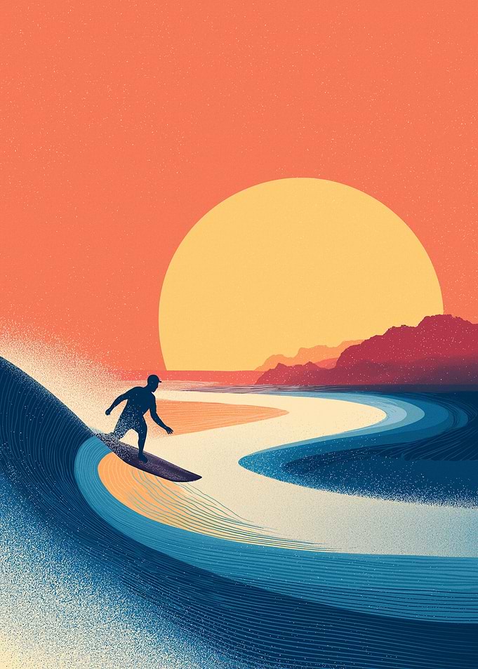 Surfer riding a wave at sunset