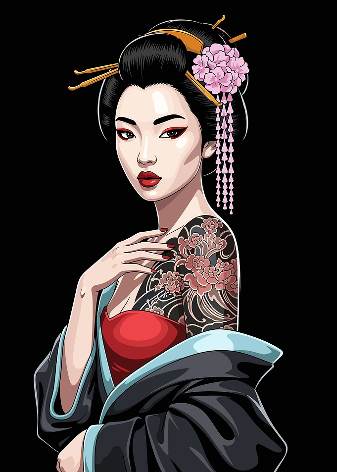 Geisha with Tattoo and Flowers