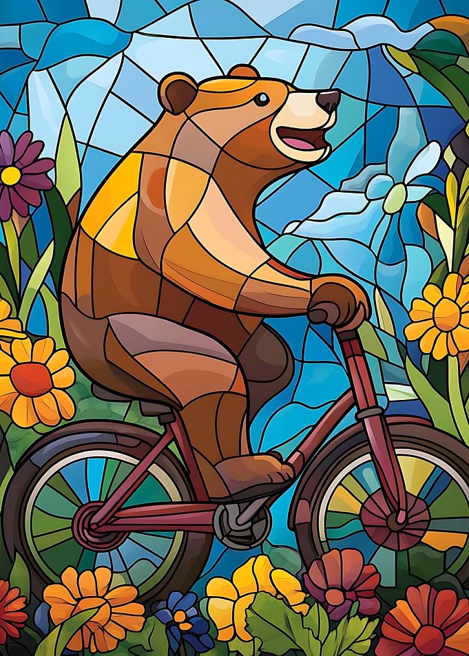 Bear riding a bicycle through flowers