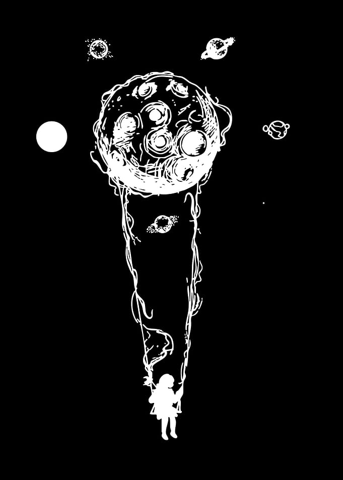 Girl swinging from a planet