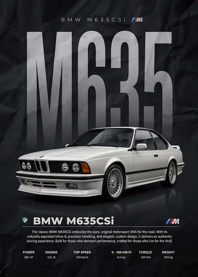sleek classic BMW M635CSi white car Poster