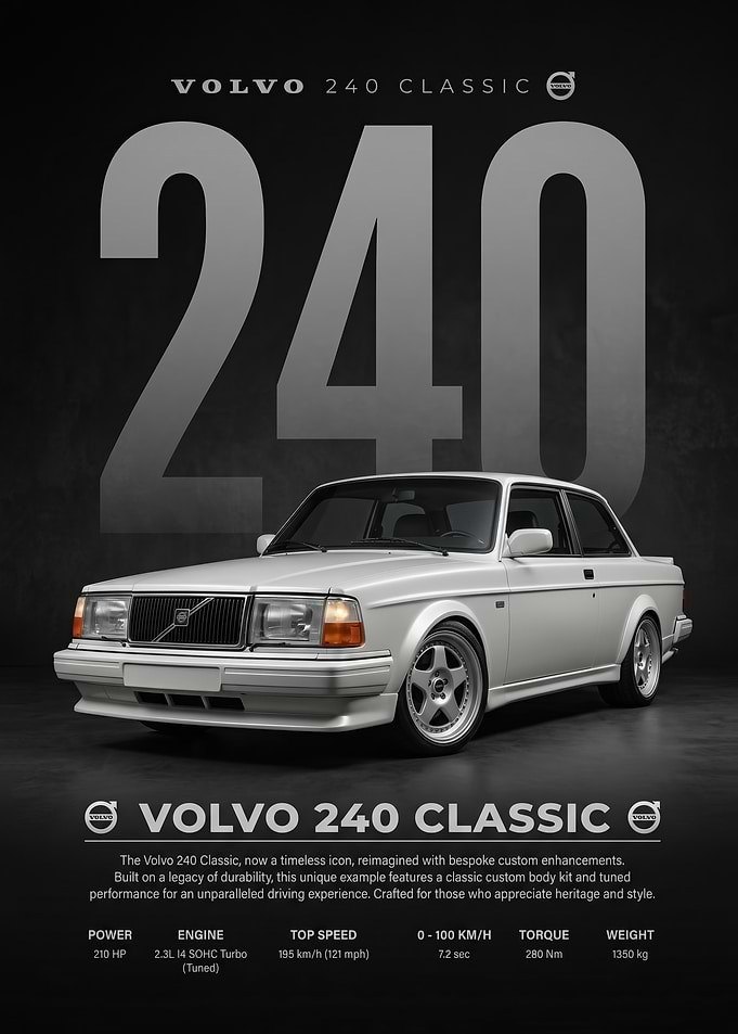 sleek white Volvo 240 Classic car Poster