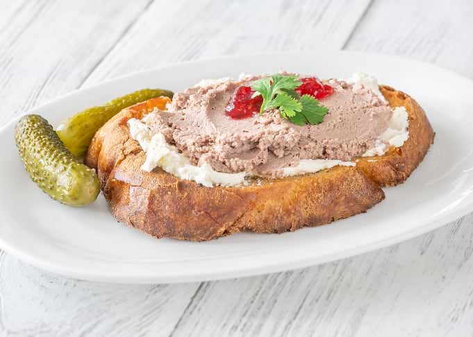 Toasted bread with pate and pickles