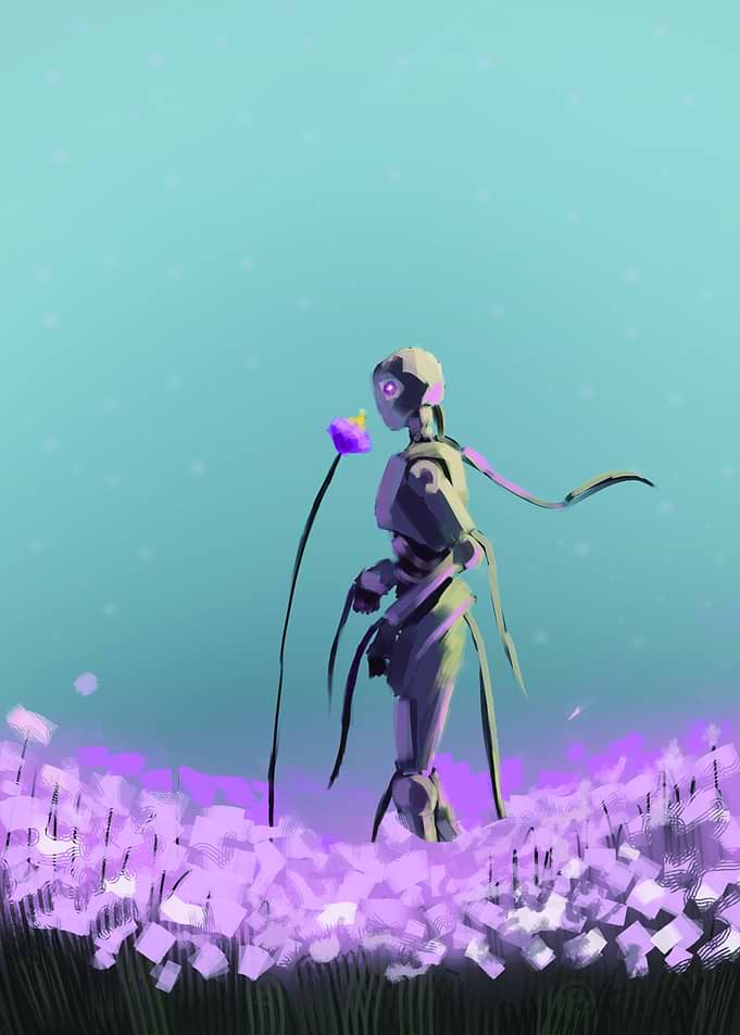 Robot smelling a flower in a field