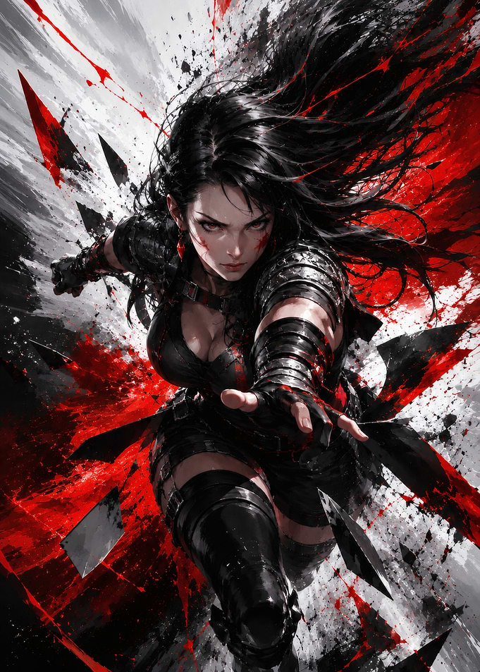 Warrior Woman in Black with Red Splatter