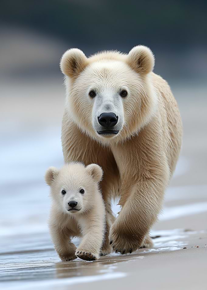 Polar Bear Mother and Cub on Beach