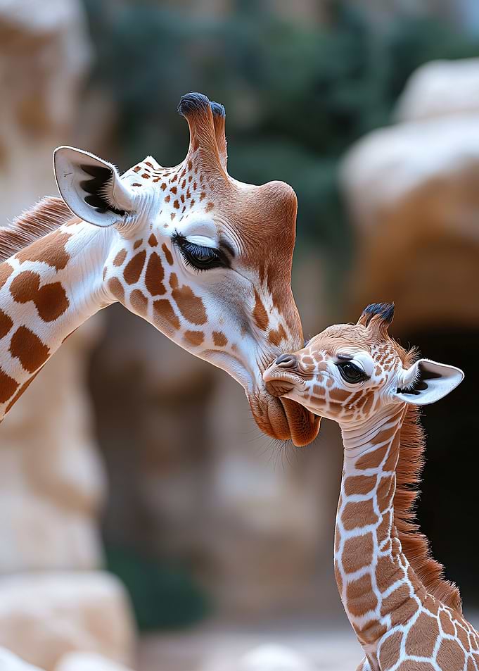Mother and baby giraffe nuzzle