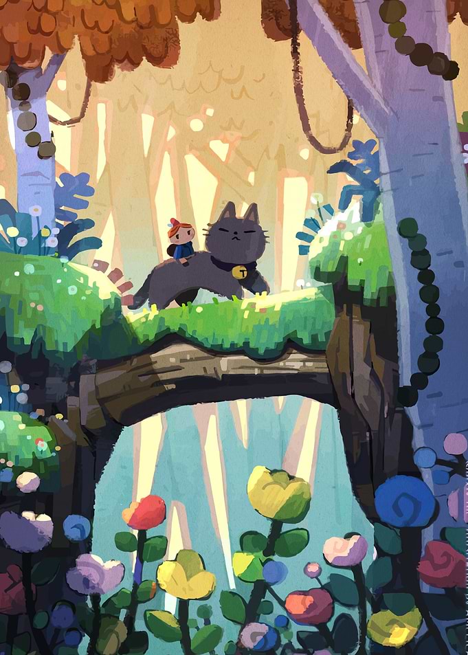 Cat and Child in Enchanted Forest