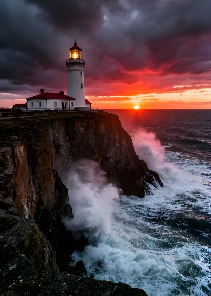 Dramatic Lighthouse Sunset Over Crashing Waves