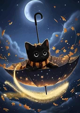 Cute Black Cat Flying on Umbrella