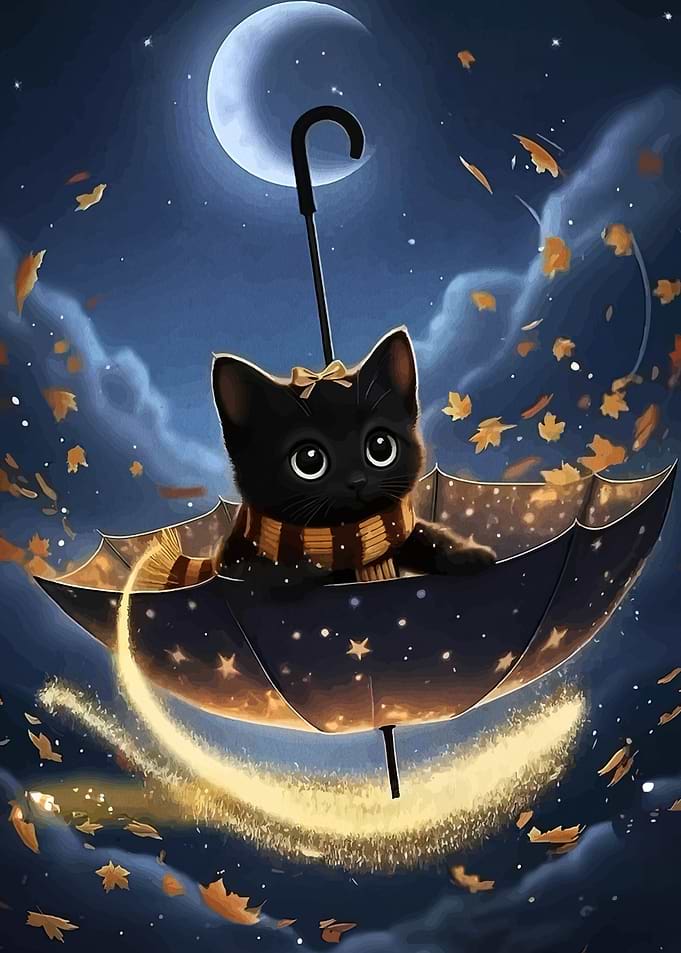 Cute Black Cat Flying on Umbrella