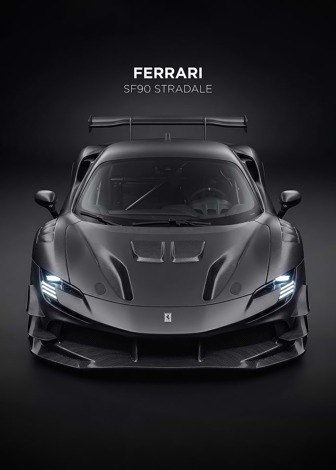 sleek dark Ferrari SF90 Stradale Front View car poster