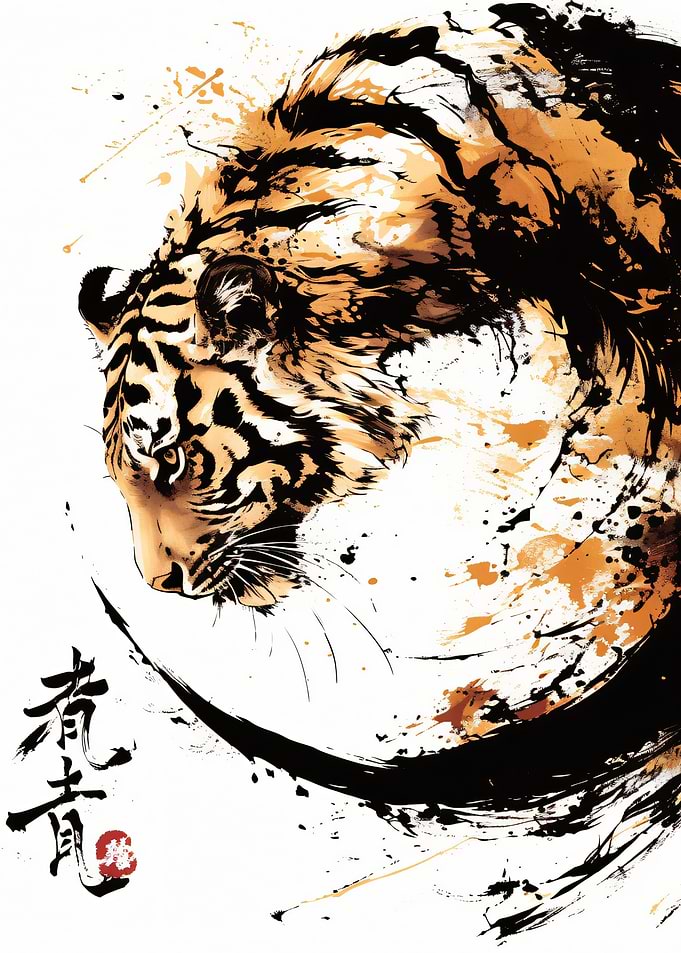 Ink Tiger with Japanese Calligraphy