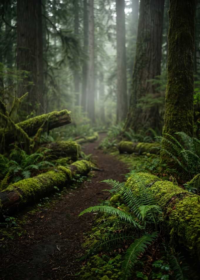Misty Forest Path with Mossy Logs