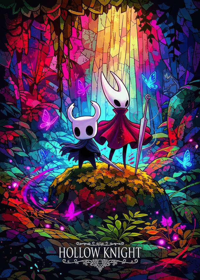 Hollow Knight Characters in Stained Glass Forest