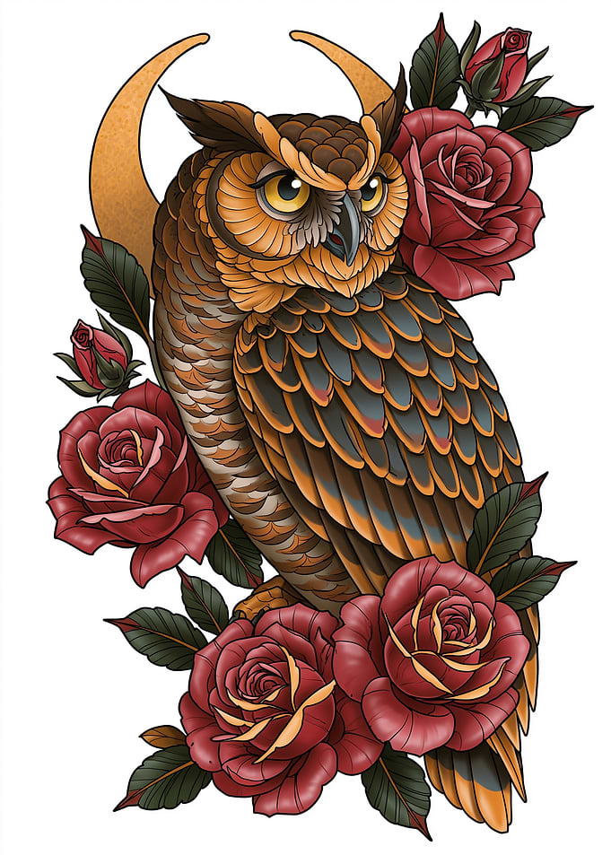 Owl and Roses Tattoo Design