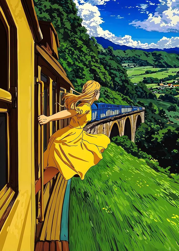 Girl on a train overlooking landscape