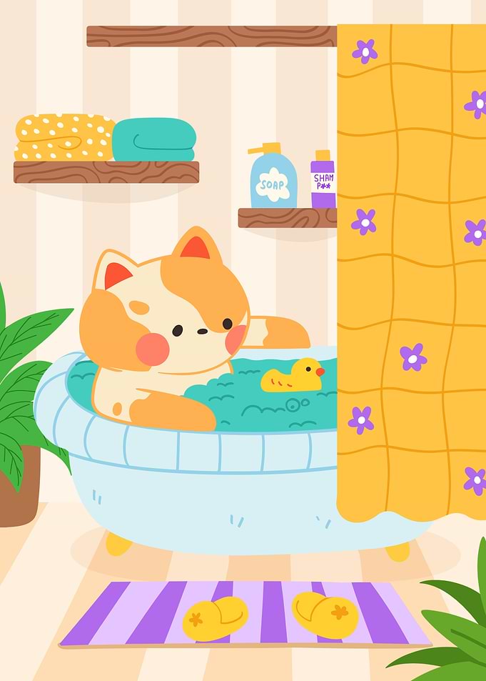Cute Cat Bathing with Rubber Duck