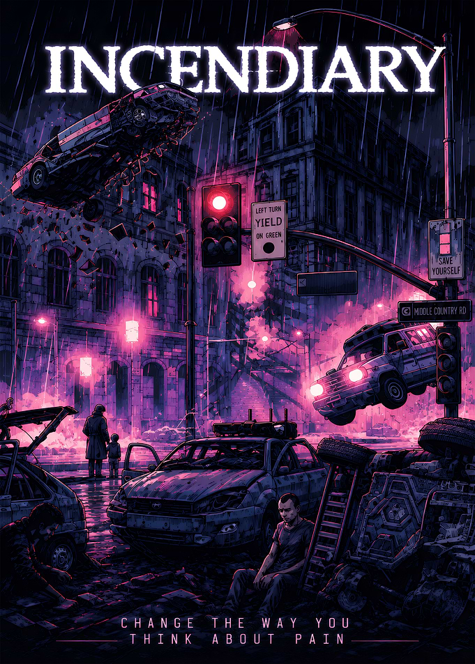 Incendiary Cityscape with Destroyed Cars