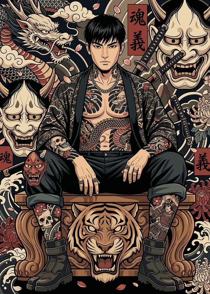 Tattooed Man with Japanese Motifs
