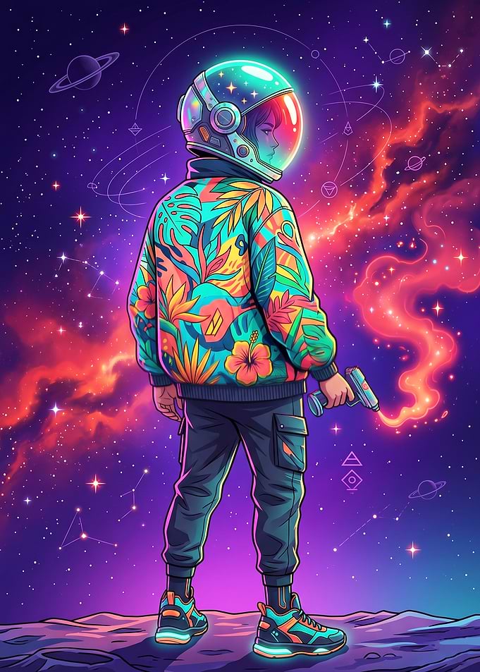 Astronaut in a Floral Jacket in Space