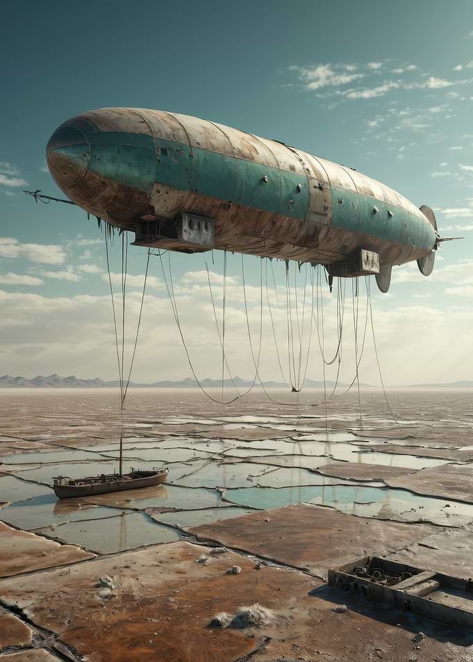 Rusted Airship Floating Above Cracked Salt Flats