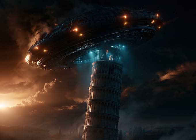 Alien UFO hovers over Leaning Tower of Pisa