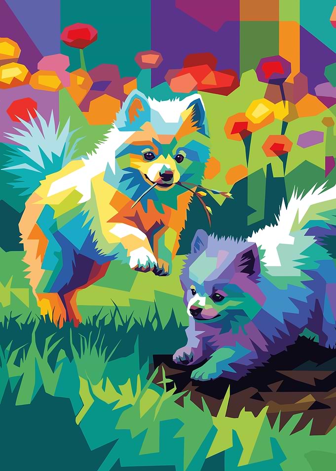 Two Pomeranians in a Colorful Garden