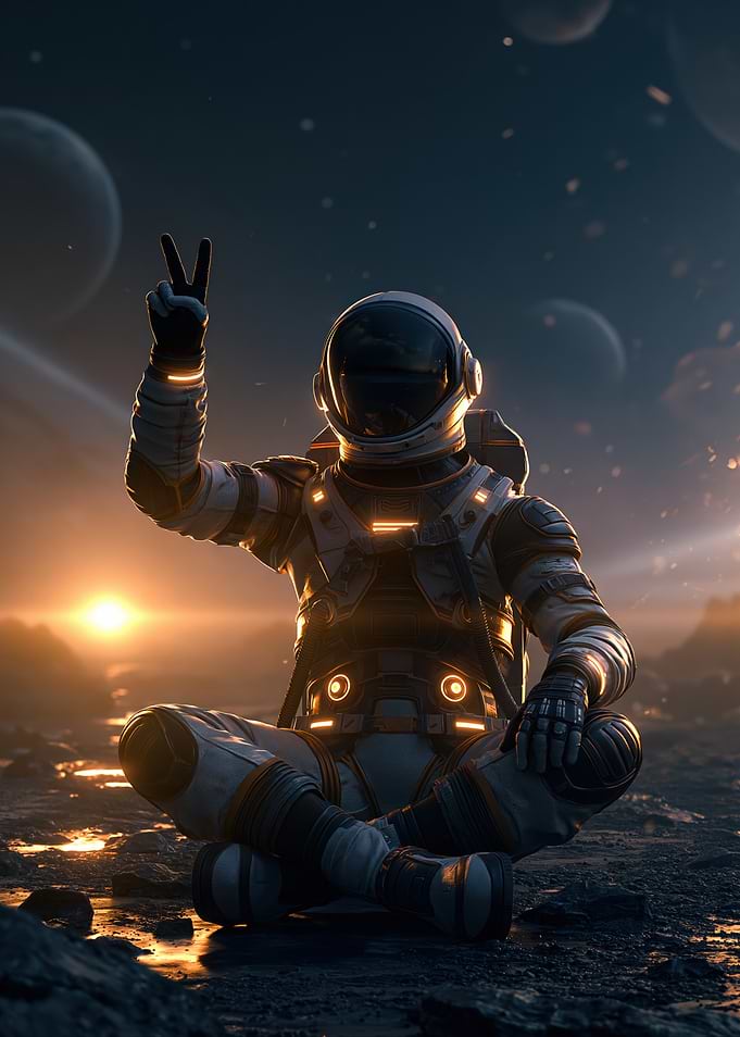 Astronaut Making Peace Sign on Alien Planet