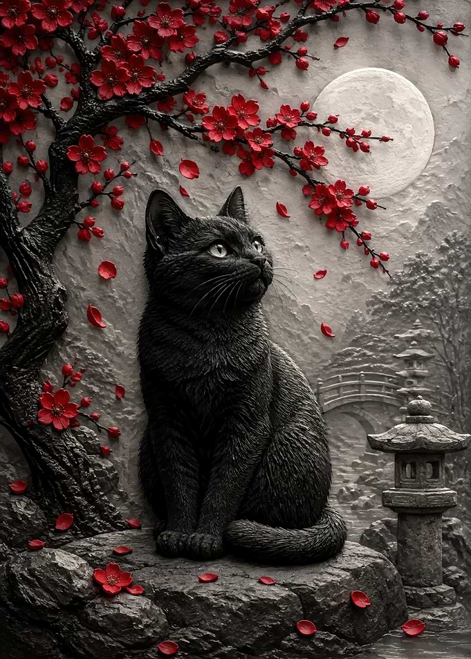 Black Cat Under Cherry Blossoms