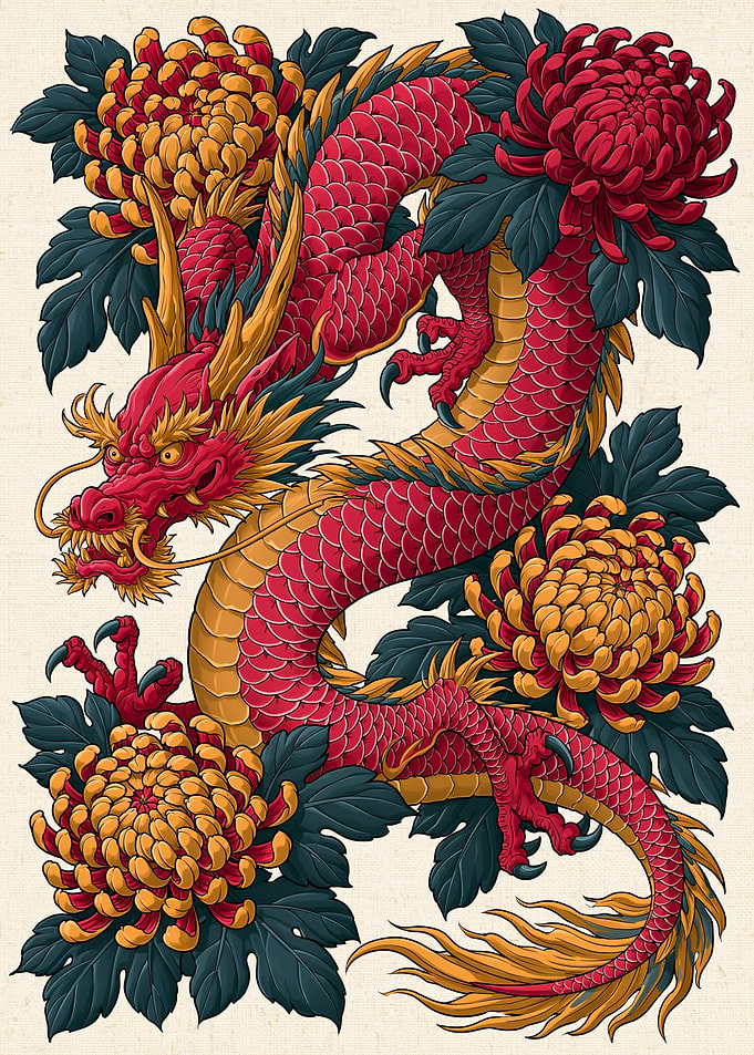 Red Dragon with Chrysanthemums