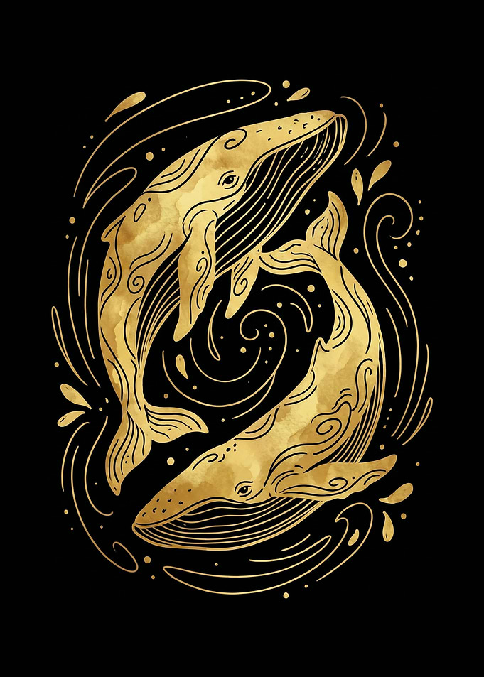 Golden Whales in Swirling Water