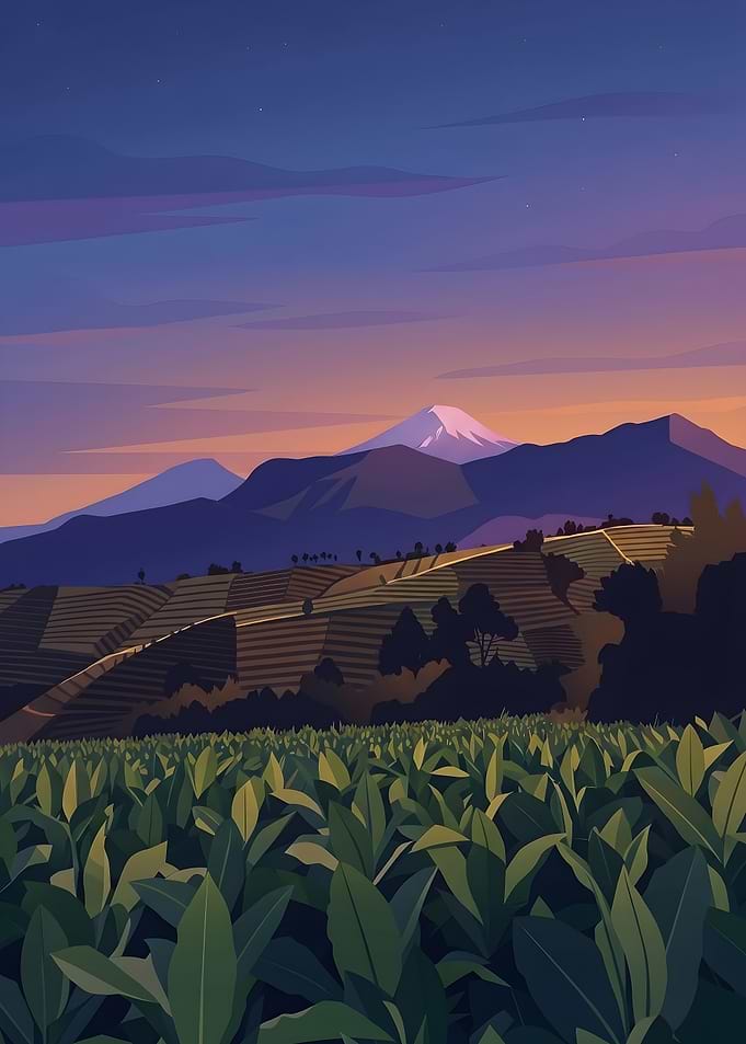 Twilight Mountain Landscape with Fields